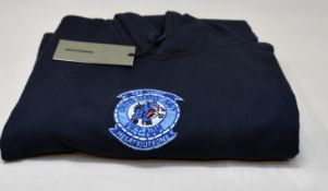 A men's as new Maharishi Sez Wolf Patch Hooded Sweatshirt in navy (S).