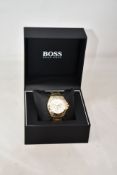A women's boxed as new Hugo Boss Gold Chronograph Watch 39mm case/18mm Band Width/5 ATM (REF: