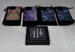 Four Burga iPhone 11 snap-on cases, various designs and a Burga premium charge and sync cable fast