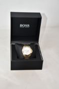 A women's boxed as new Hugo Boss Gold Chronograph Watch 39mm case/18mm Band Width/5 ATM (REF: