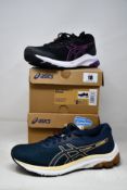 Two pairs of women's boxed as new Asics running shoes: Gel-Phoenix 11 - Black/Orchid and Gel-Pulse
