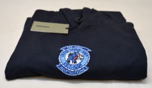 A men's as new Maharishi Sez Wolf Patch Hooded Sweatshirt in navy (XXL).