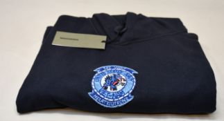 A men's as new Maharishi Sez Wolf Patch Hooded Sweatshirt in navy (XL).