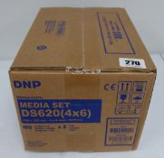 Five boxed as new DNP DS620 4x6” Media Packs (800 Prints Per Box) (Boxes sealed, some cosmetic damag