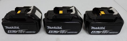 Three pre-owned Makita BL1840B 18 V 4 Ah Li-ion Battery Packs.