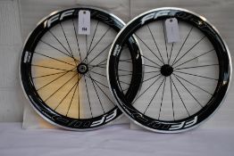 A pair of as new Deep Section 700c carbon/aluminium road bike wheels for rim brakes, Shimano free