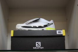 A pair of boxed as new Salomon XT-Wings 2 Trainers - White/Ebony/Safety Yellow (Unisex UK 9).