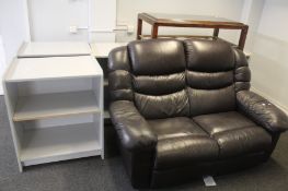 A pre-owned brown leather two seater sofa, a wooden coffee