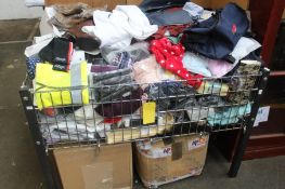 A large basket and two boxes of assorted as new clothing and related items.