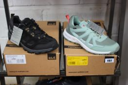 Two pairs of boxed as new Jack Wolfskin hiking shoes: Woodland 2 Texapore Low - Light Green/White (