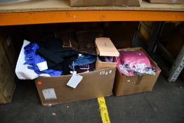 A basket of Onitsuka Tiger zip-up tops and T-shirts and a large box of assorted as new clothing.