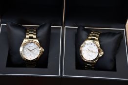 Two women's boxed as new Hugo Boss Gold Chronograph Watches 39mm case/18mm Band Width/5 ATM (REF: