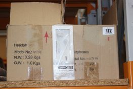 Thirty five pairs of Coloud in-ear headphones with microphone and remote.