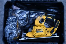 A boxed as new Dewalt 16V lithium ion three piece saw set and accessories.