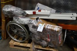 A pallet of medical items to include wheelchair, Contour tissues and Zenith endovascular.