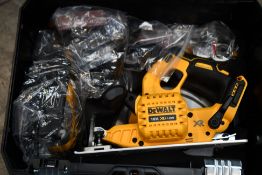 A boxed as new Dewalt 16V lithium ion three piece saw set and accessories.