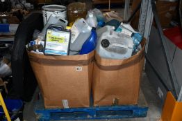 A pallet of assorted liquids and related items