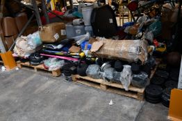 A quantity of assorted gym/sports items to include weights/dumbbells, body board, yoga mat, polo sti