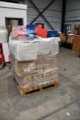 A pallet of as new wheelbarrow caddys, Bacofoil cling film, laptop bags and related items
