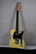 A Monoprice Indio Retro Classic Electric Guitar - Blonde, with Gig Bag, small dent in back