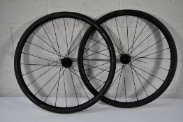 A pair of as new carbon fibre ZED Ultra Disc Aero wide wheels 35 1338g