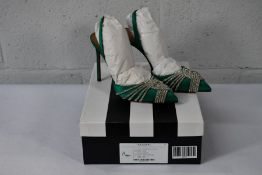 A pair of women's as new Emerald Green Aquazzura Gatsby sling back satin shoes (Size 38 1/2)