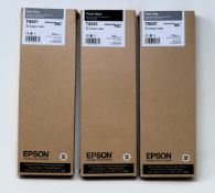 Three boxed as new Epson Ultrachrome Pro 700ml Ink Cartridges: 2 x T800700 Dark Gray and 1 x T8001 P
