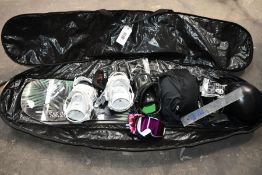 Two snowboards, two bindings, two helmets, two pairs of glasses, all pre-owned, viewing advised