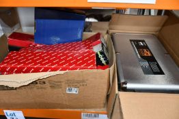 Two boxes of tools and sandpaper to include edge diamond cutting tool and Makita.