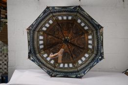 Five black walking automatic opening umbrellas with wooden crook handle and lined with a picture of