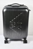 An Emporio Armani's carry-on suitcase in grey with tags. No key. Combo lock. Slight scratch on back