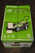 A boxed as new Greenworks Lawn Mower 41cm with 1x Battery and a Charger