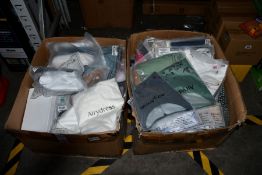 Two boxes of assorted as new clothing (100+ items).