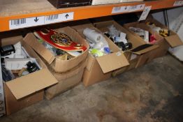 Six boxes of assorted miscellaneous items to include hair products, Masterlock combination lock and