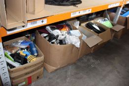 Five boxes of assorted miscellaneous items to include note pads, Venum groin guard and more.