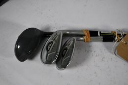 Three pre-owned golf clubs: two Cleveland 588 RTX (52/10, 60/12) and one Cobra King F8 17, both righ