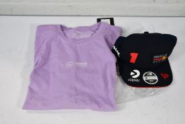 A women's as new Mercedes AMG mapf1 FW Retro Tee in Purple, Size Medium and an as new New Era Red Bu
