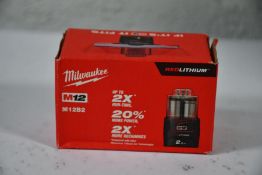 Six boxed as new Milwaukee M12B2 M12 12v 2Ah Red Lithium-Ion Batteries.