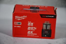 Six boxed as new Milwaukee M12B2 M12 12v 2Ah Red Lithium-Ion Batteries.