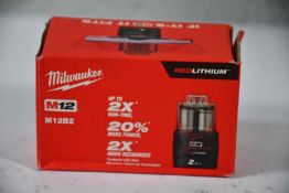 Six boxed as new Milwaukee M12B2 M12 12v 2Ah Red Lithium-Ion Batteries.