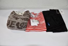 An as new Ganni red stripped long sleeve T-shirt (Size XL), a pair of Ganni appliqued shell shorts (