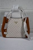 An as new Michael Kors Carrie Medium Logo Shoulder Bag Vanilla/Acorn.