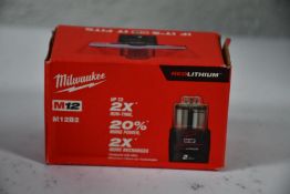 Six boxed as new Milwaukee M12B2 M12 12v 2Ah Red Lithium-Ion Batteries.