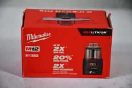 Six boxed as new Milwaukee M12B2 M12 12v 2Ah Red Lithium-Ion Batteries.