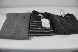 An as new Ganni wool V-neck cardigan in Ebony Melange (Size XL), an as new Ganni grey striped wool s