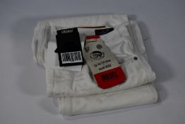 A pair of as new Diesel D-MACS 100 Per Cent Denim Italian Design Trousers in White, Size 30W 30L.
