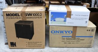 COLLECTION ONLY: A pre-owned Onkyo TX-SR604 Audio Video Receiver in Silver, a pre-owned Kef PSW1000.