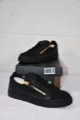 A pair of as new Giuseppe Zanotti RU00120 Trainers in Black/Gold, Size 42, Box Damaged.