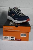 A pair of boxed Skechers outdoor memory foam relaxed fit Oak Canyon - Verketta Navy/Grey (Size UK 11
