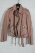 A women's pre-owned Balfern Belted Hem Leather Biker Jacket - Soft Pink (UK 10, some very minor mark